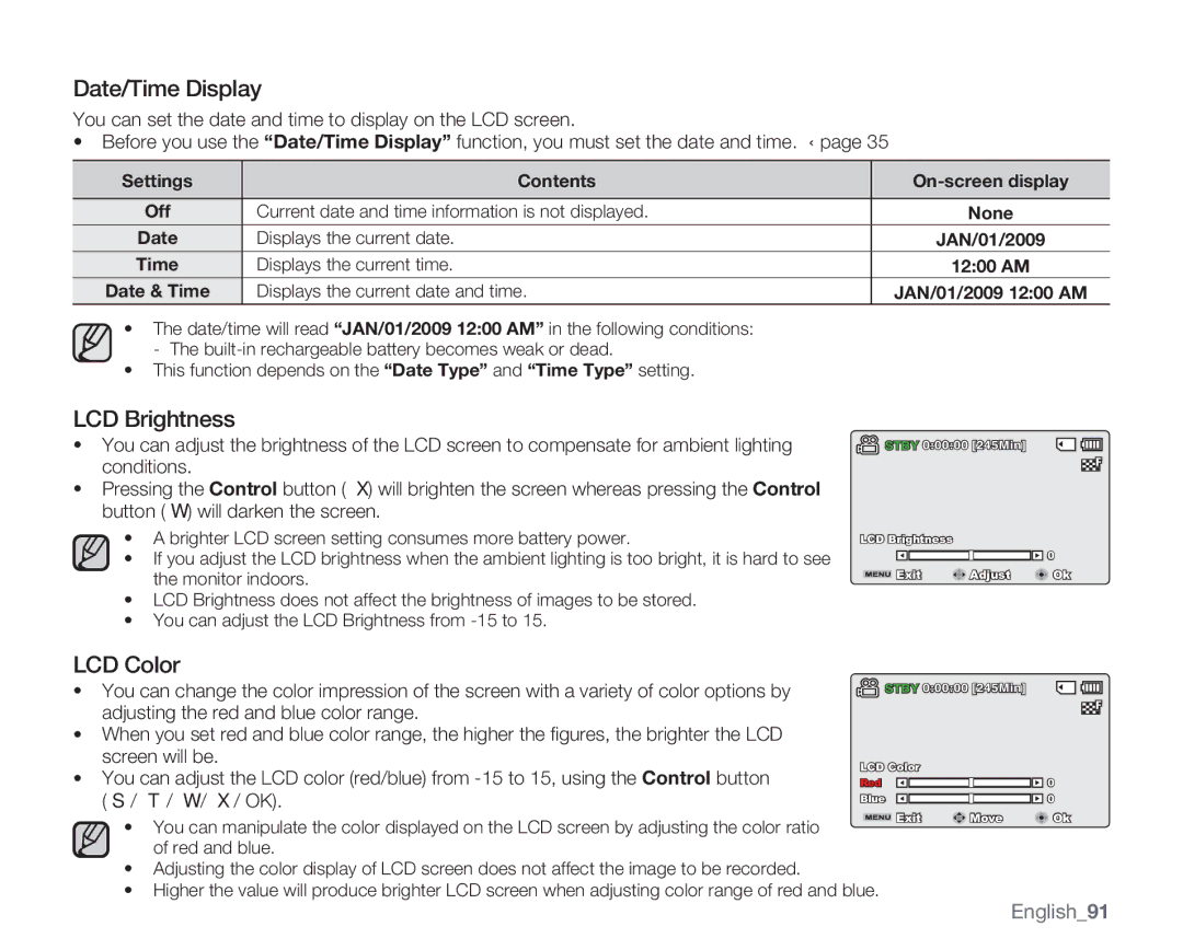 Samsung SMX-C13GN, SMX-C14GN, SMX-C14RN, SMX-C13RN, SMX-C14LN, SMX-C10 Date/Time Display, LCD Brightness, LCD Color, English91 