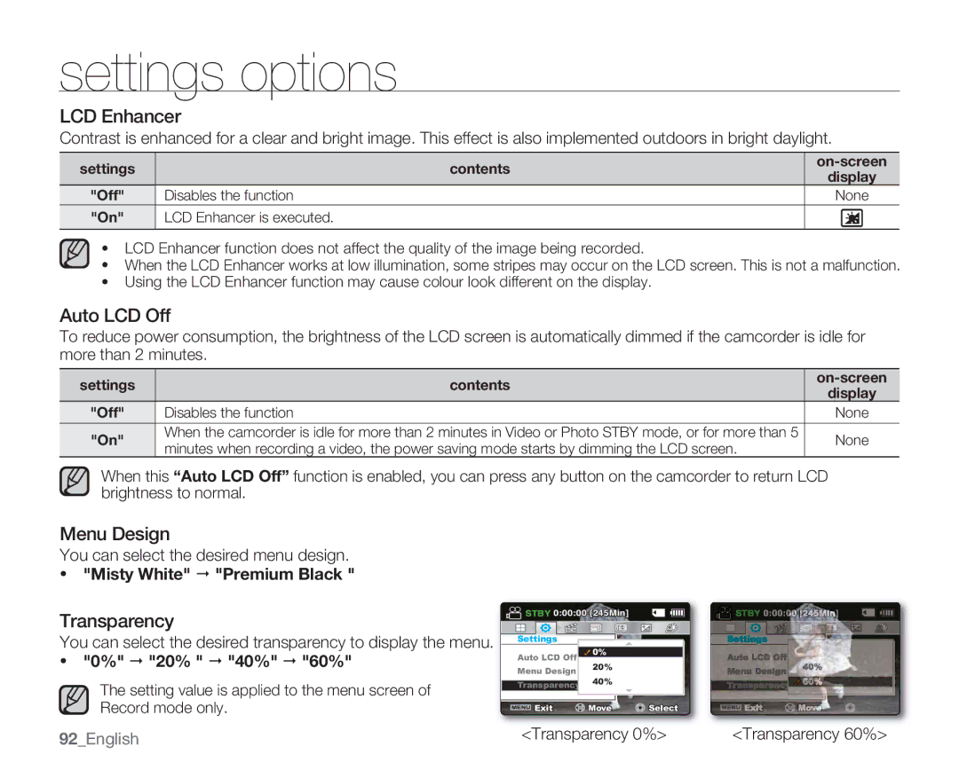 Samsung SMX-C13LN, SMX-C14GN, SMX-C14RN LCD Enhancer, Auto LCD Off, Menu Design, Transparency, Misty White  Premium Black 