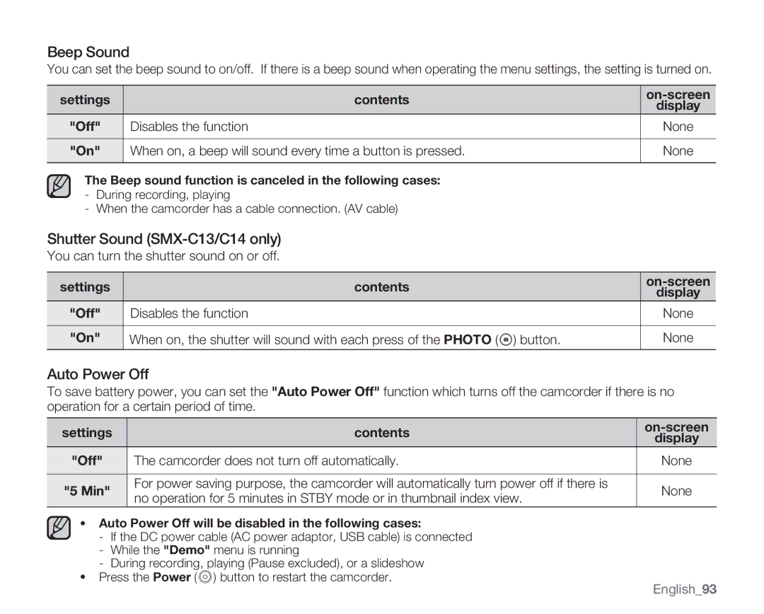 Samsung SMX-C10, SMX-C14GN, SMX-C14RN, SMX-C13RN Beep Sound, Shutter Sound SMX-C13/C14 only, Auto Power Off, English93 