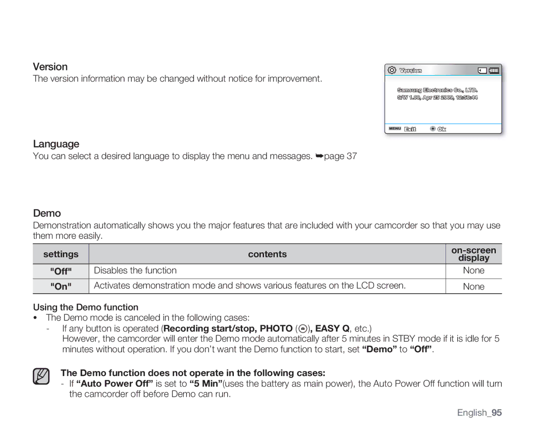 Samsung SMX-C13, SMX-C14GN, SMX-C10 Version, Language, Demo function does not operate in the following cases, English95 