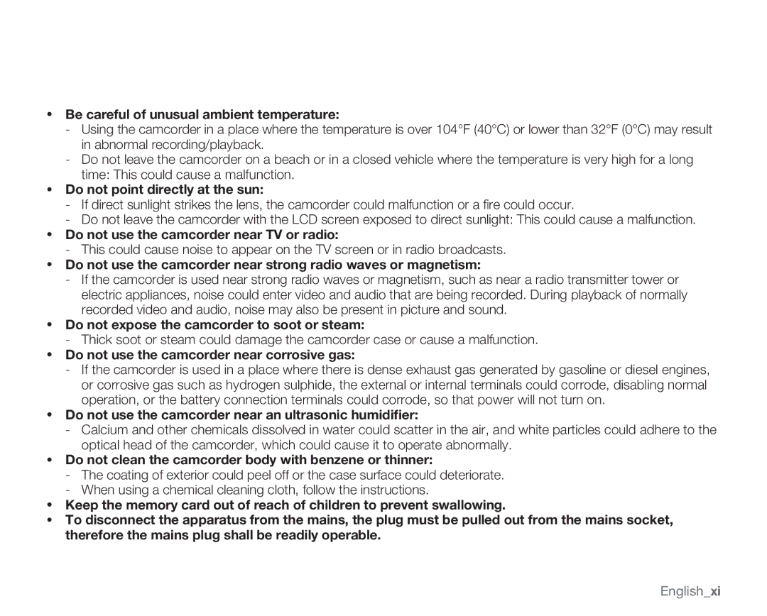 Samsung SMX-C14RN, SMX-C14GN, SMX-C13RN, SMX-C10 Be careful of unusual ambient temperature, Do not point directly at the sun 