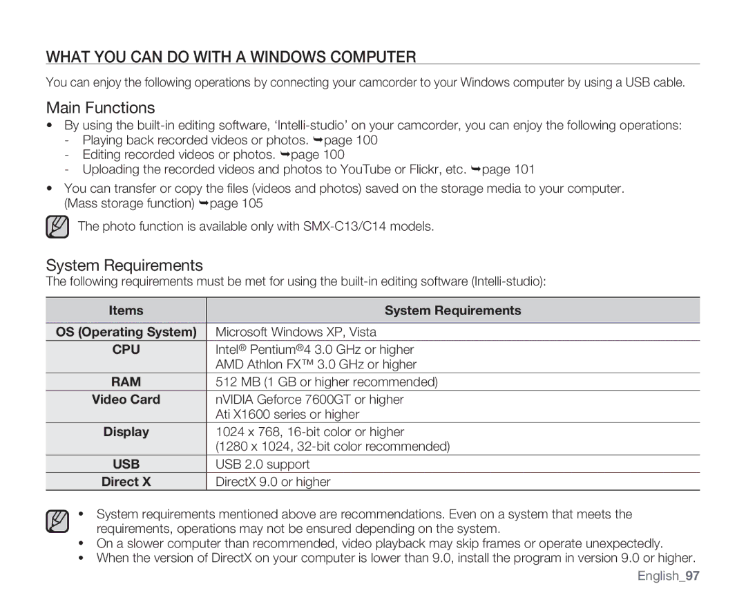 Samsung SMX-C14RN, SMX-C14GN What YOU can do with a Windows Computer, Main Functions, Items System Requirements 