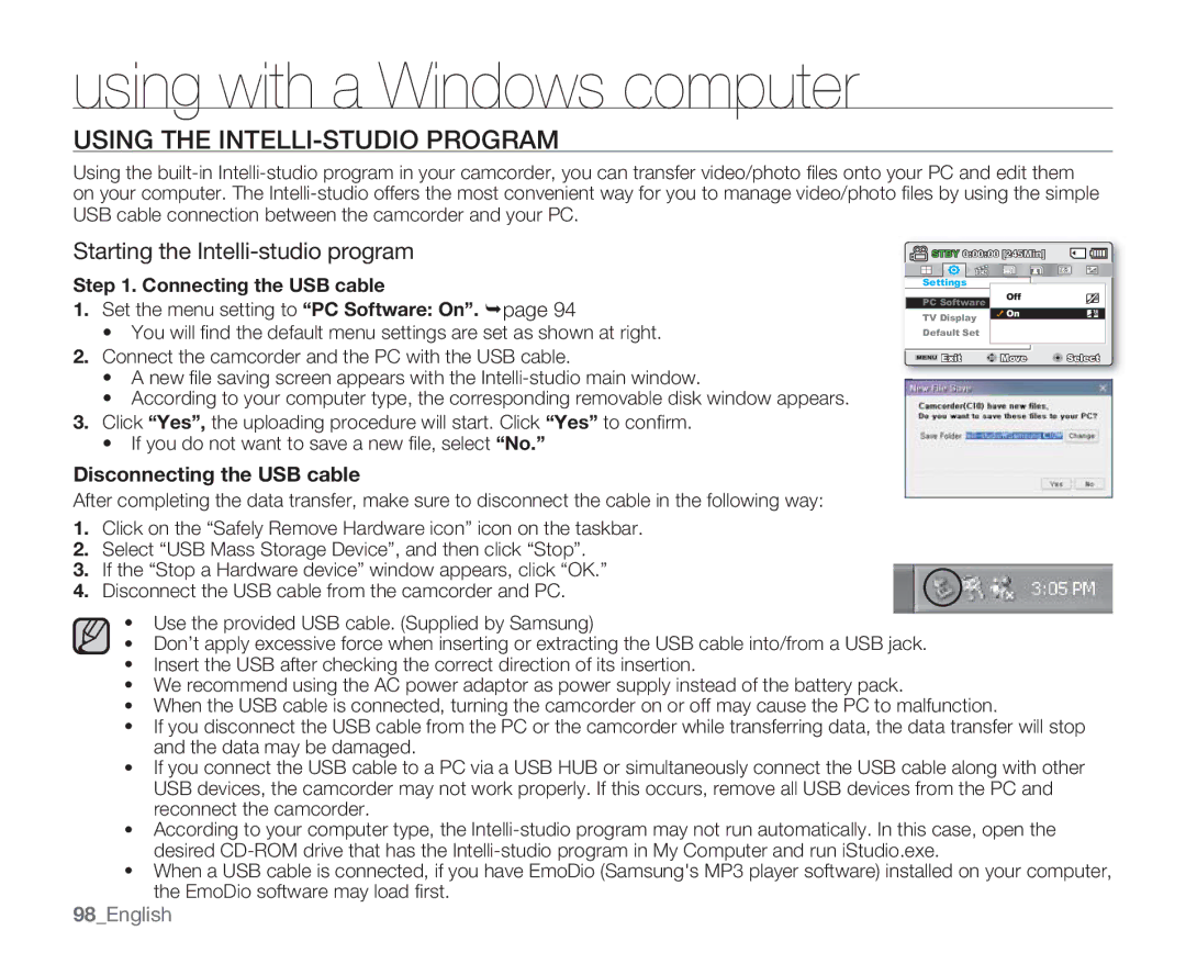 Samsung SMX-C13RN Using the INTELLI-STUDIO Program, Starting the Intelli-studio program, Disconnecting the USB cable 