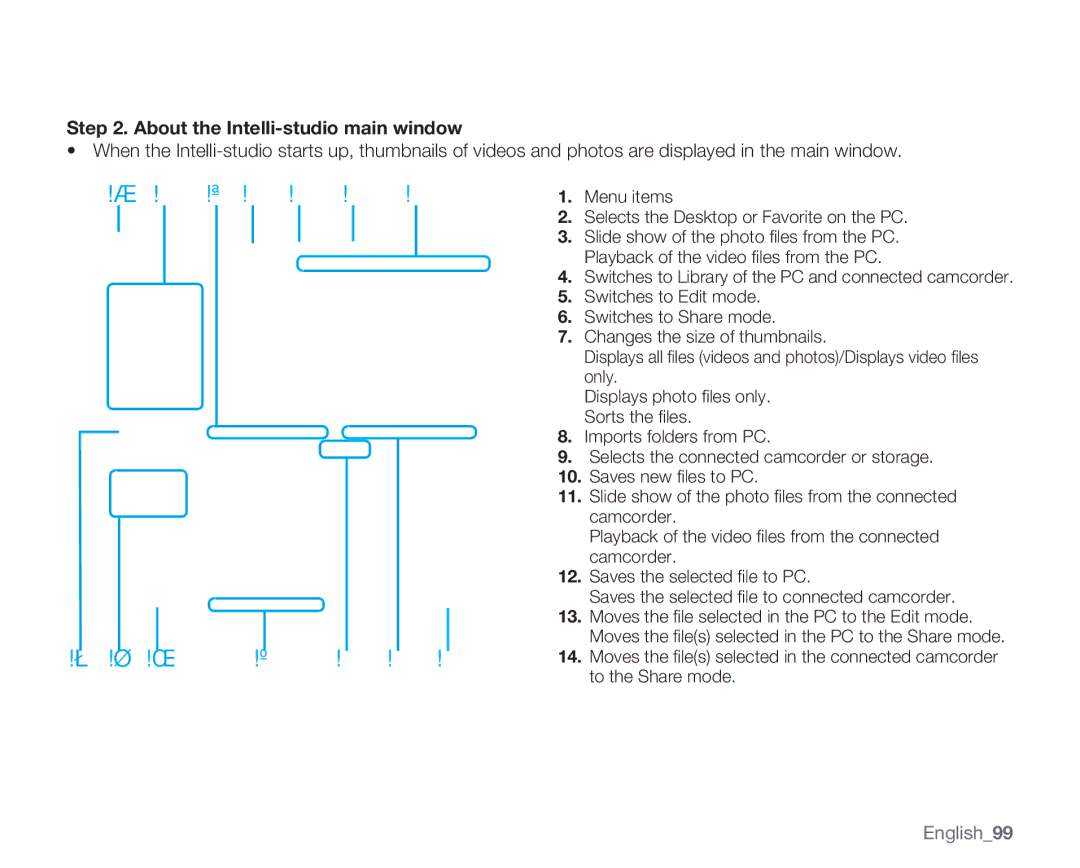 Samsung SMX-C14GN, SMX-C14RN, SMX-C13RN, SMX-C14LN, SMX-C13GN, SMX-C13LN About the Intelli-studio main window, English99 
