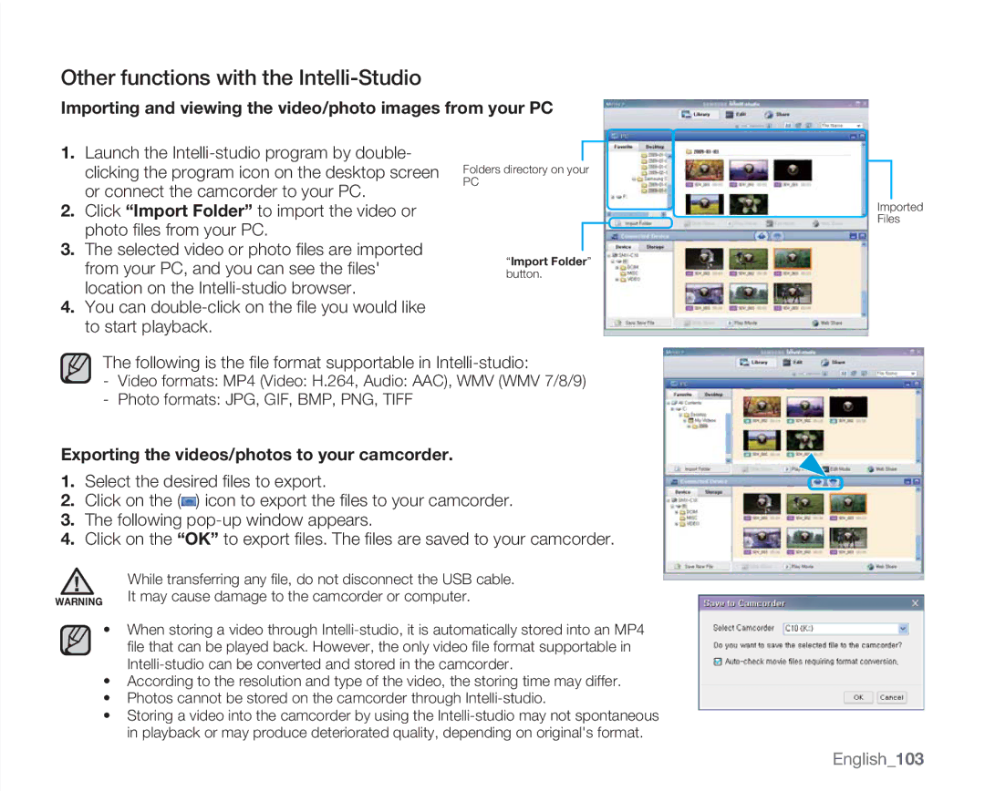 Samsung SMX-C10 Other functions with the Intelli-Studio, Importing and viewing the video/photo images from your PC 