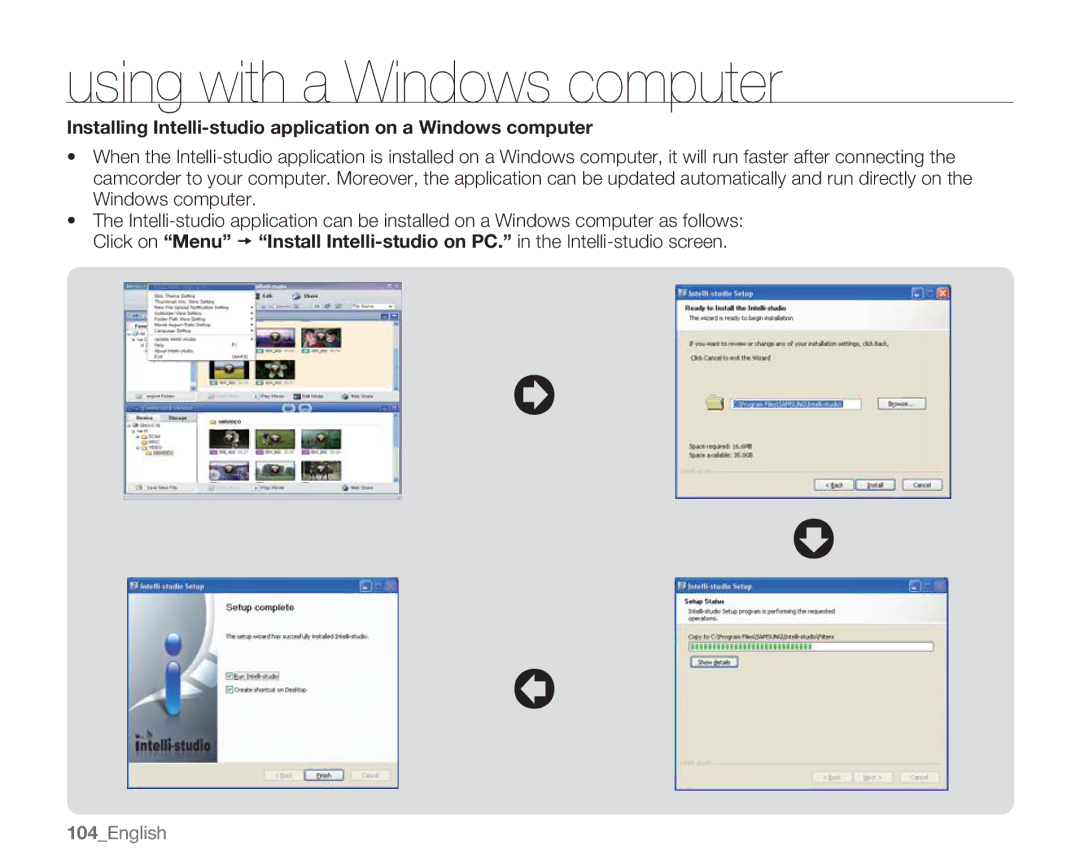 Samsung SMX-C10GN, SMX-C14GN, SMX-C14RN, SMX-C13RN Installing Intelli-studio application on a Windows computer, 104English 