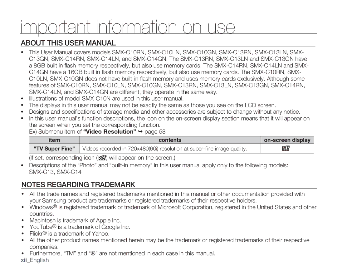 Samsung SMX-C13RN, SMX-C14GN, SMX-C14RN, SMX-C14LN, SMX-C13GN, SMX-C13LN, SMX-C10GN user manual XiiEnglish, Contents 