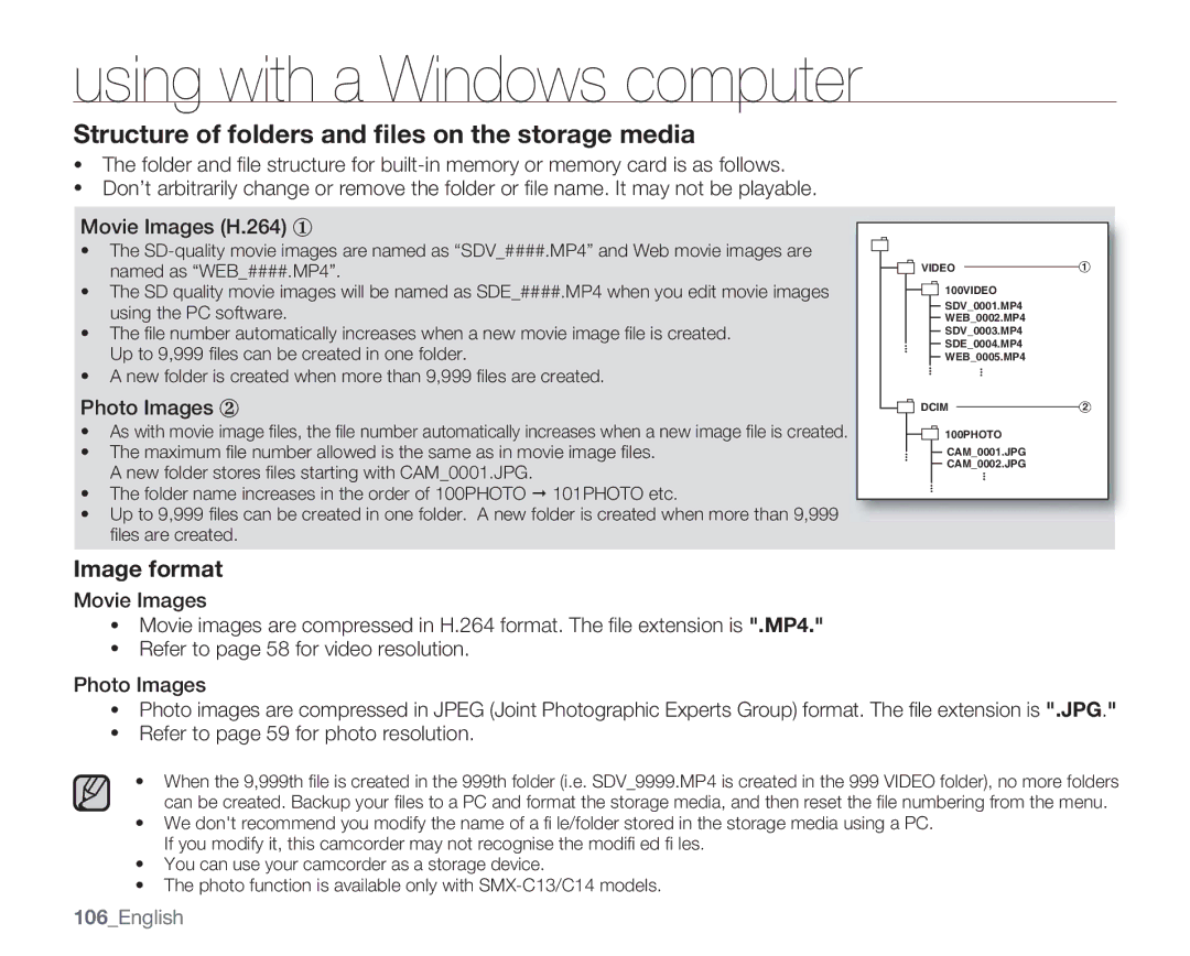 Samsung SMX-C14GN, SMX-C14RN, SMX-C13RN, SMX-C14LN, SMX-C13GN Structure of folders and ﬁles on the storage media, 106English 