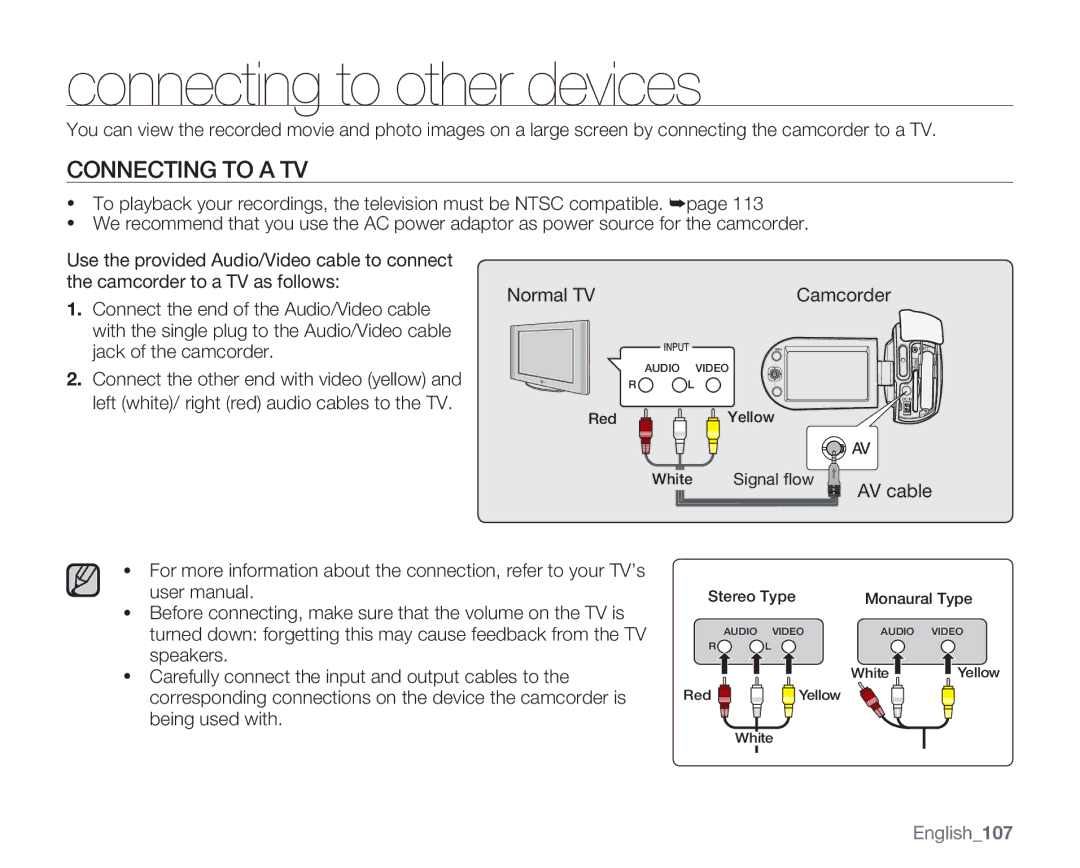 Samsung SMX-C14RN, SMX-C14GN, SMX-C13RN, SMX-C14LN, SMX-C13GN Connecting to other devices, Connecting to a TV, English107 