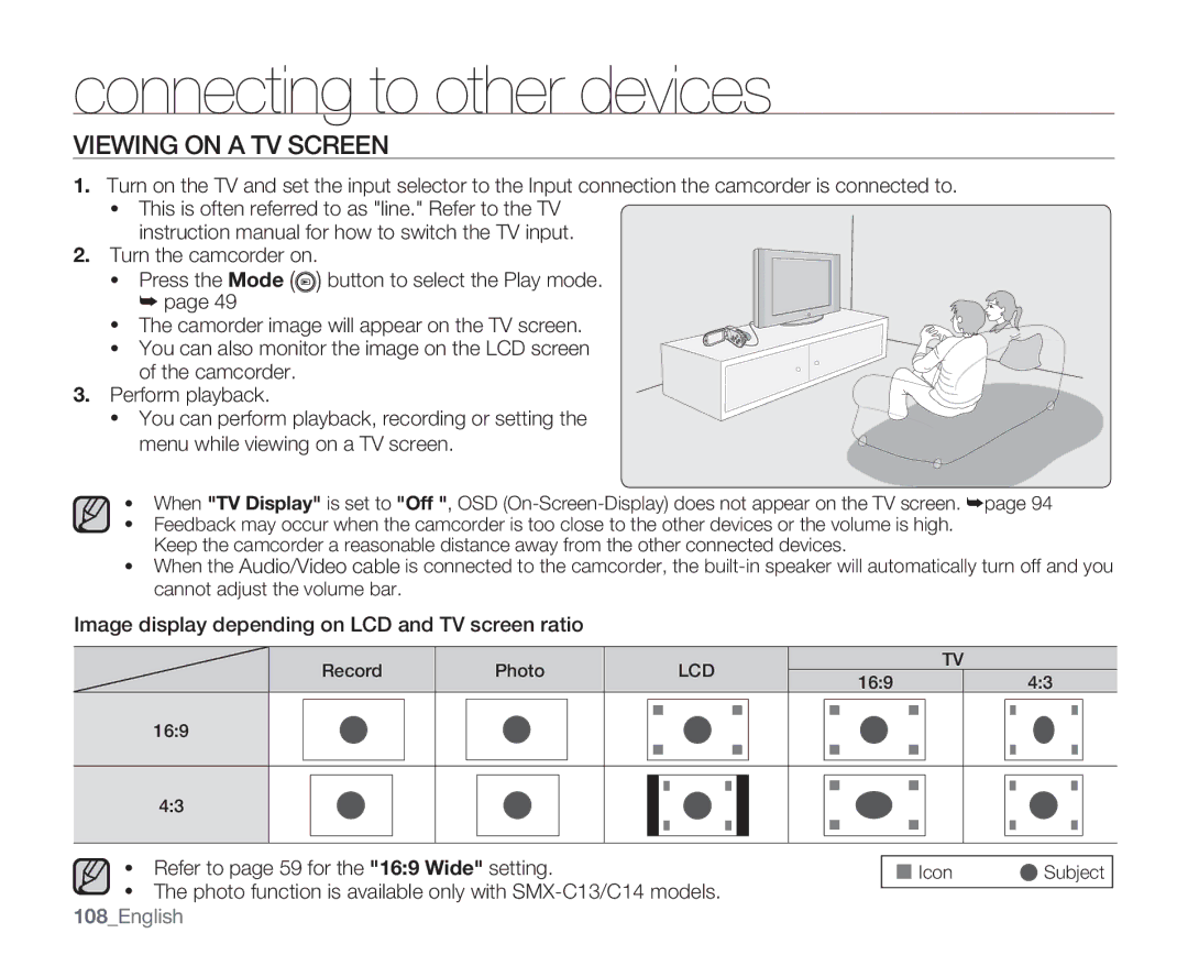 Samsung SMX-C13RN, SMX-C14GN, SMX-C14RN, SMX-C14LN, SMX-C13GN, SMX-C13LN, SMX-C10GN user manual Viewing on a TV Screen 