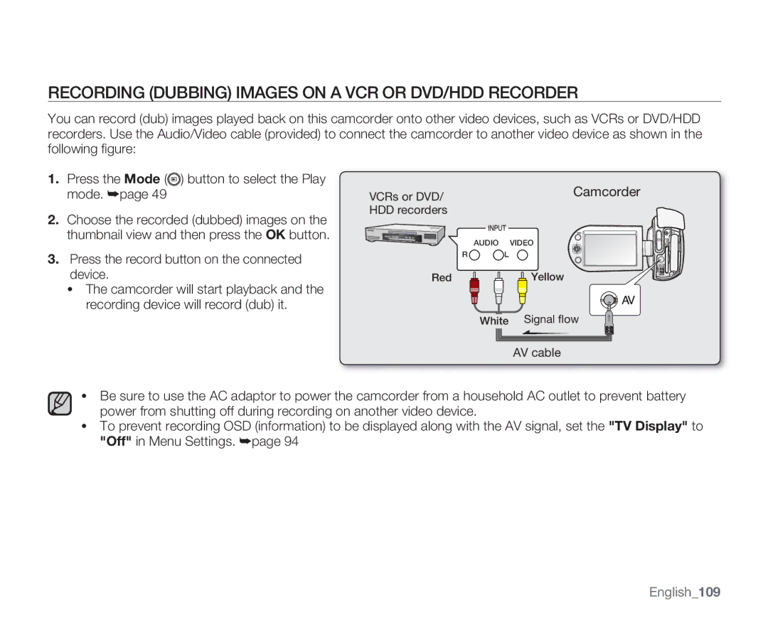 Samsung SMX-C14GN, SMX-C14RN, SMX-C13RN, SMX-C14LN Recording Dubbing Images on a VCR or DVD/HDD Recorder, English109 
