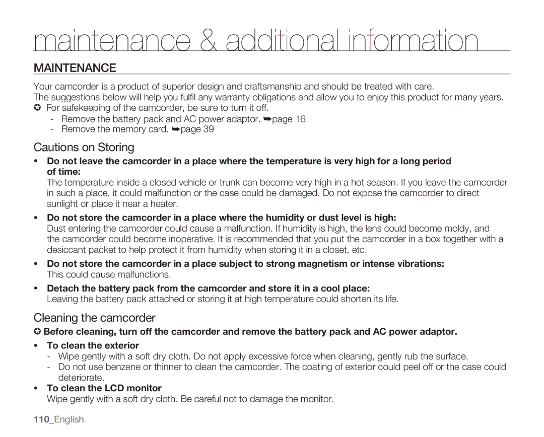 Samsung SMX-C14LN Maintenance & additional information, Cleaning the camcorder, To clean the LCD monitor, 110English 