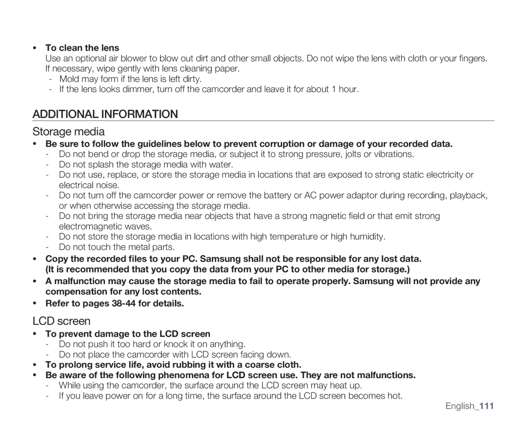 Samsung SMX-C13GN, SMX-C14GN, SMX-C14RN, SMX-C13RN Additional Information, Storage media, LCD screen, To clean the lens 