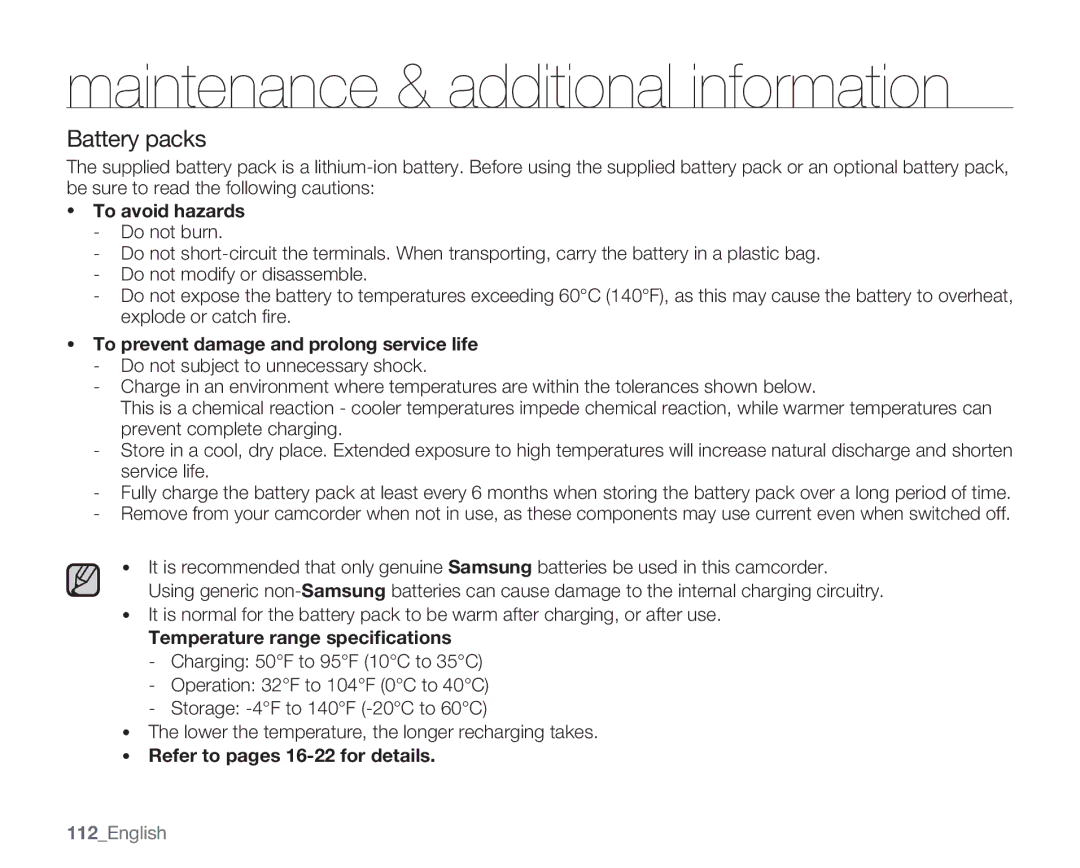 Samsung SMX-C13LN, SMX-C14GN, SMX-C14RN, SMX-C10 Battery packs, To avoid hazards, To prevent damage and prolong service life 