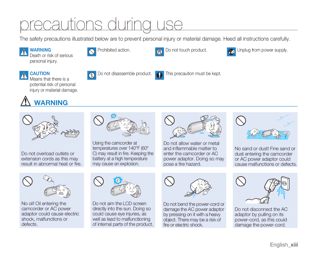 Samsung SMX-C14GN, SMX-C14RN, SMX-C13RN, SMX-C14LN, SMX-C13GN, SMX-C13LN, SMX-C10 Precautions during use, Englishxiii 