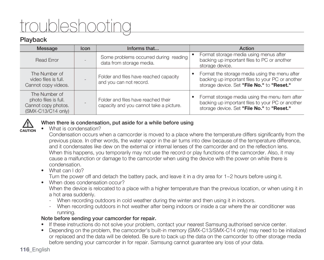 Samsung SMX-C14GN, SMX-C14RN, SMX-C13RN, SMX-C14LN, SMX-C13GN, SMX-C13LN, SMX-C10GN user manual Playback, 116English 