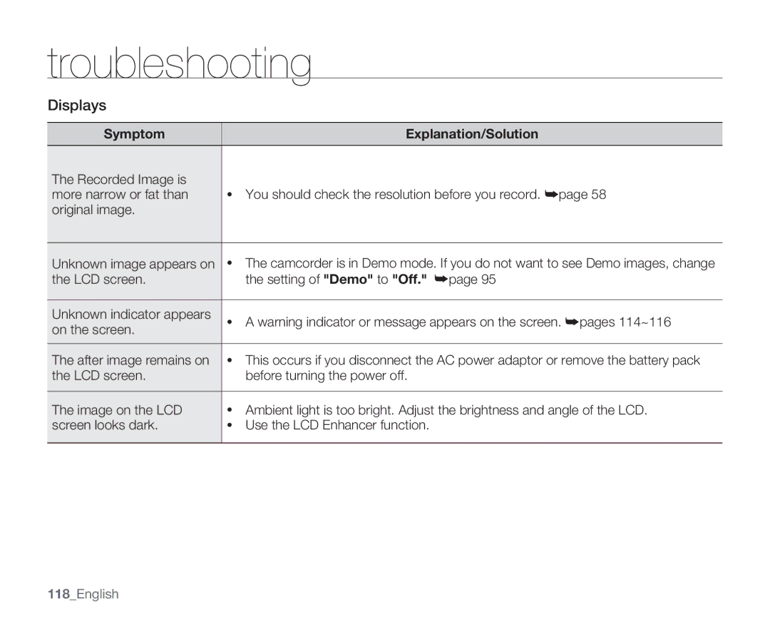 Samsung SMX-C13RN, SMX-C14GN, SMX-C14RN, SMX-C14LN, SMX-C13GN, SMX-C13LN, SMX-C10GN user manual Displays, 118English 