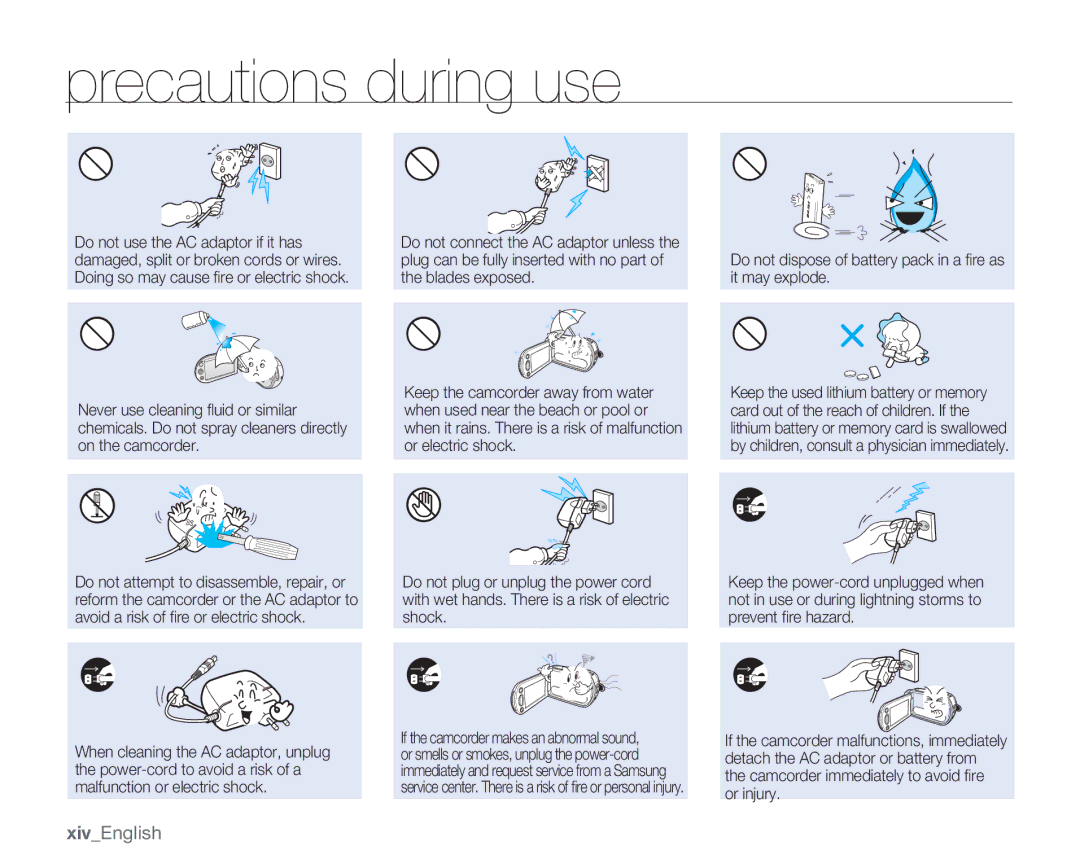 Samsung SMX-C14LN, SMX-C14GN, SMX-C14RN, SMX-C13RN XivEnglish, Do not dispose of battery pack in a ﬁre as it may explode 