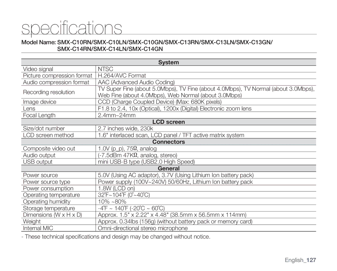 Samsung SMX-C14RN, SMX-C14GN, SMX-C13RN, SMX-C14LN, SMX-C13GN, SMX-C13LN, SMX-C10GN user manual Speciﬁcations, English127 