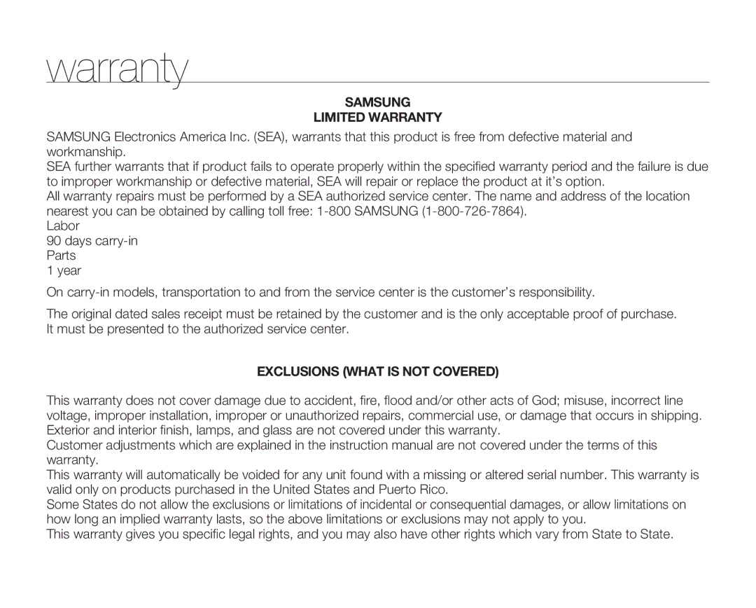 Samsung SMX-C13RN, SMX-C14GN, SMX-C14RN, SMX-C14LN, SMX-C13GN, SMX-C13LN, SMX-C10GN user manual Samsung Limited Warranty 