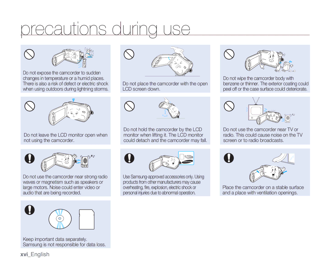 Samsung SMX-C13LN, SMX-C14GN, SMX-C14RN, SMX-C13RN, SMX-C14LN, SMX-C13GN, SMX-C10GN user manual XviEnglish 