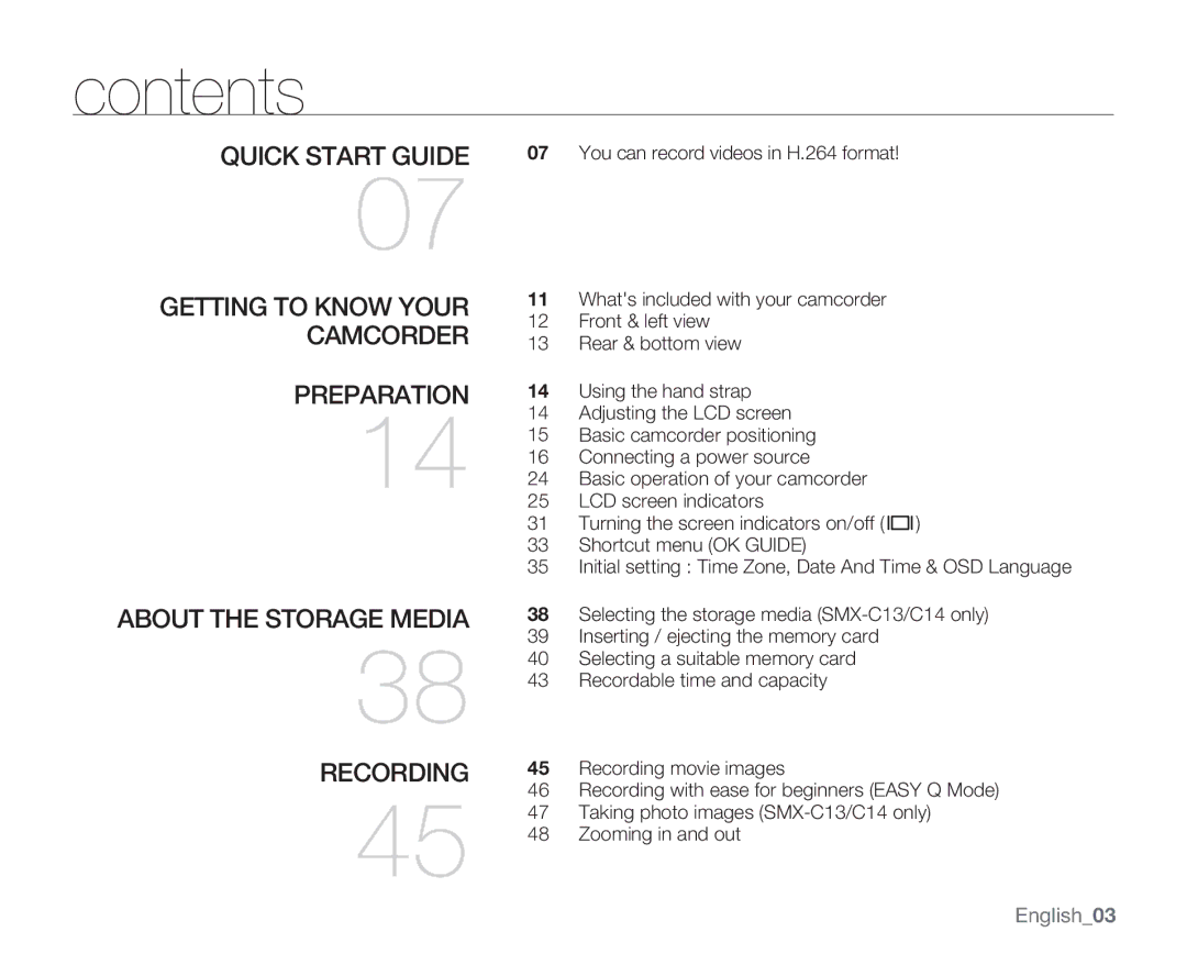 Samsung SMX-C14GN, SMX-C14RN, SMX-C13RN, SMX-C14LN, SMX-C13GN, SMX-C13LN, SMX-C10GN user manual Contents 