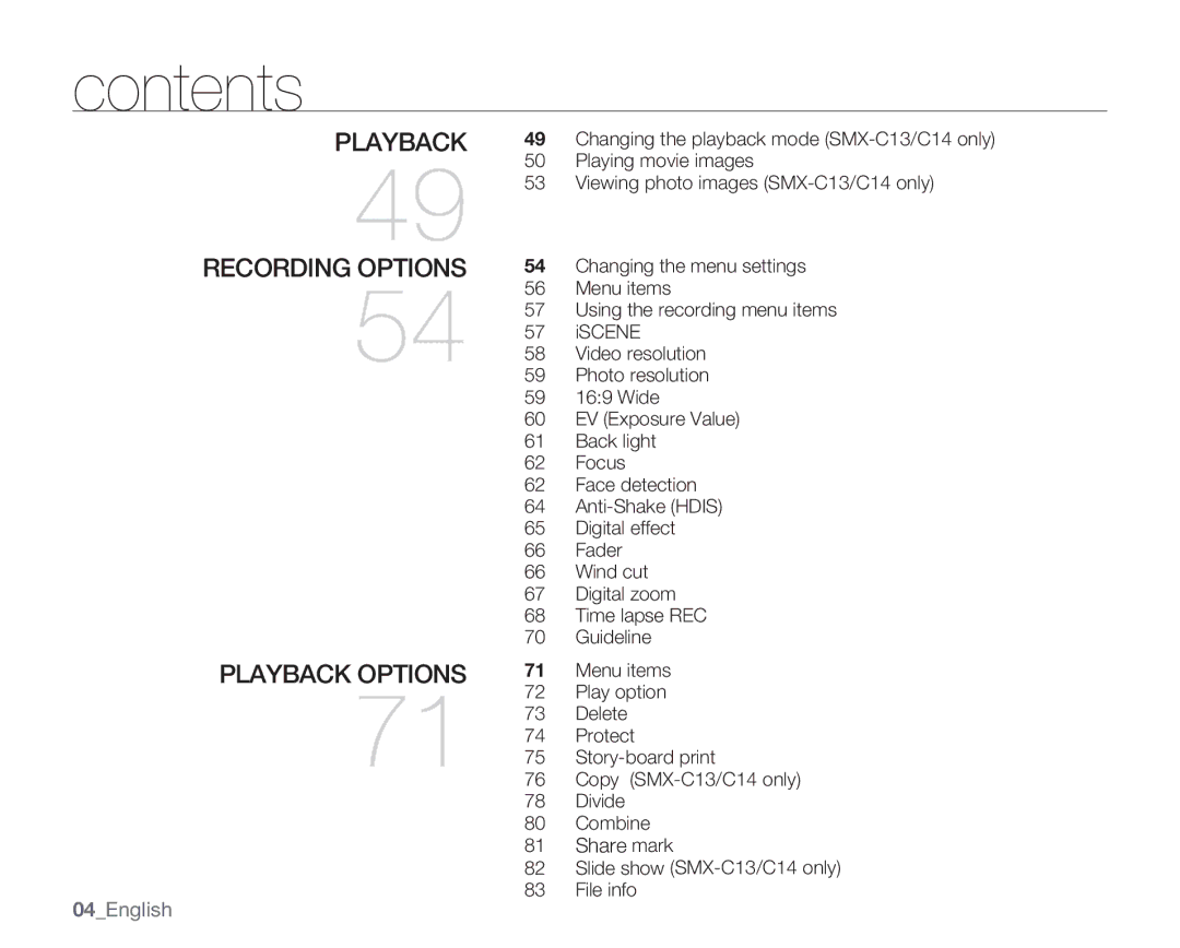 Samsung SMX-C10GN, SMX-C14GN, SMX-C14RN, SMX-C13RN, SMX-C14LN, SMX-C13GN, SMX-C13LN user manual Playback Options, 04English 