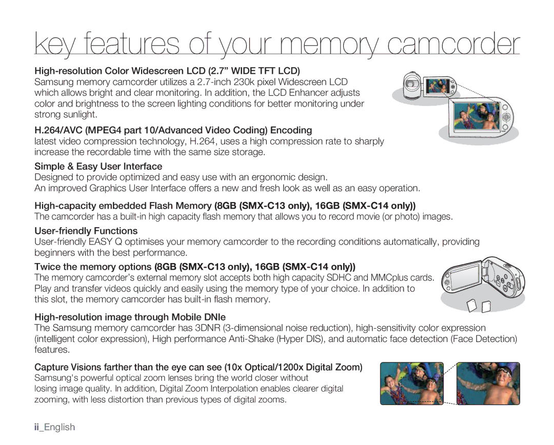 Samsung SMX-C13RN, SMX-C14GN, SMX-C14RN, SMX-C14LN This slot, the memory camcorder has built-in ﬂash memory, IiEnglish 