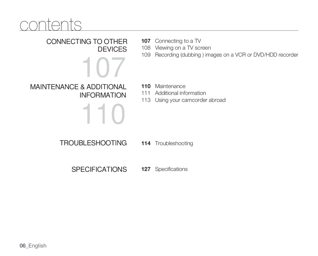 Samsung SMX-C14GN Connecting to Other Devices, Maintenance & Additional Information, 114, Specifications, 06English 