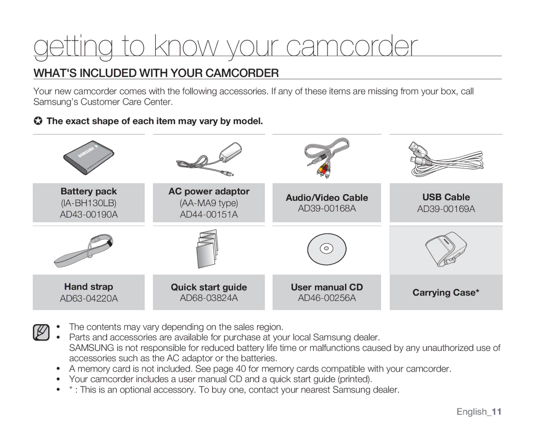 Samsung SMX-C13GN, SMX-C14GN Getting to know your camcorder, Whats Included with Your Camcorder, AD43-00190A, English11 