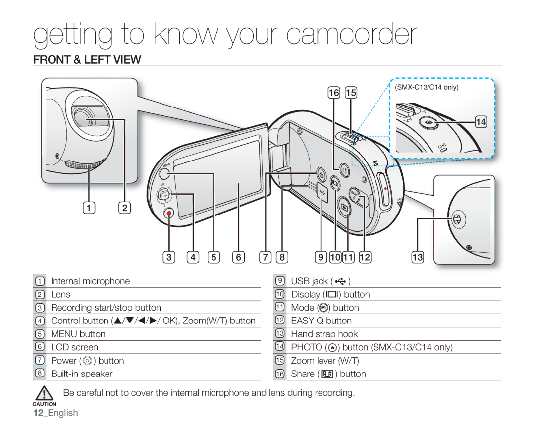 Samsung SMX-C13LN, SMX-C14GN, SMX-C14RN, SMX-C13RN, SMX-C14LN, SMX-C13GN, SMX-C10GN user manual Front & Left View, 12English 