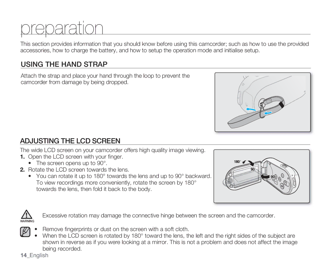 Samsung SMX-C10GN, SMX-C14GN, SMX-C14RN, SMX-C13RN Preparation, Using the Hand Strap, Adjusting the LCD Screen, 14English 