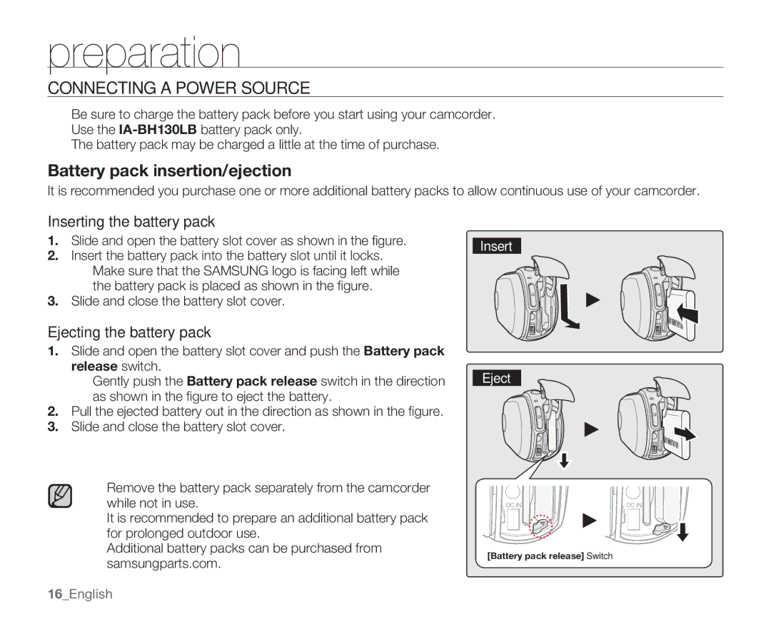 Samsung SMX-C14GN, SMX-C14RN Connecting a Power Source, Inserting the battery pack, Ejecting the battery pack, 16English 