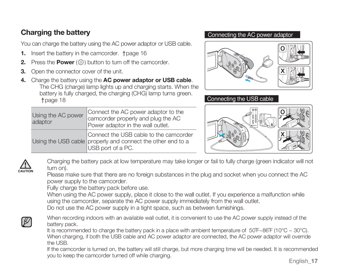 Samsung SMX-C14RN, SMX-C14GN, SMX-C13RN, SMX-C14LN, SMX-C13GN, SMX-C13LN, SMX-C10GN Charging the battery, English17 