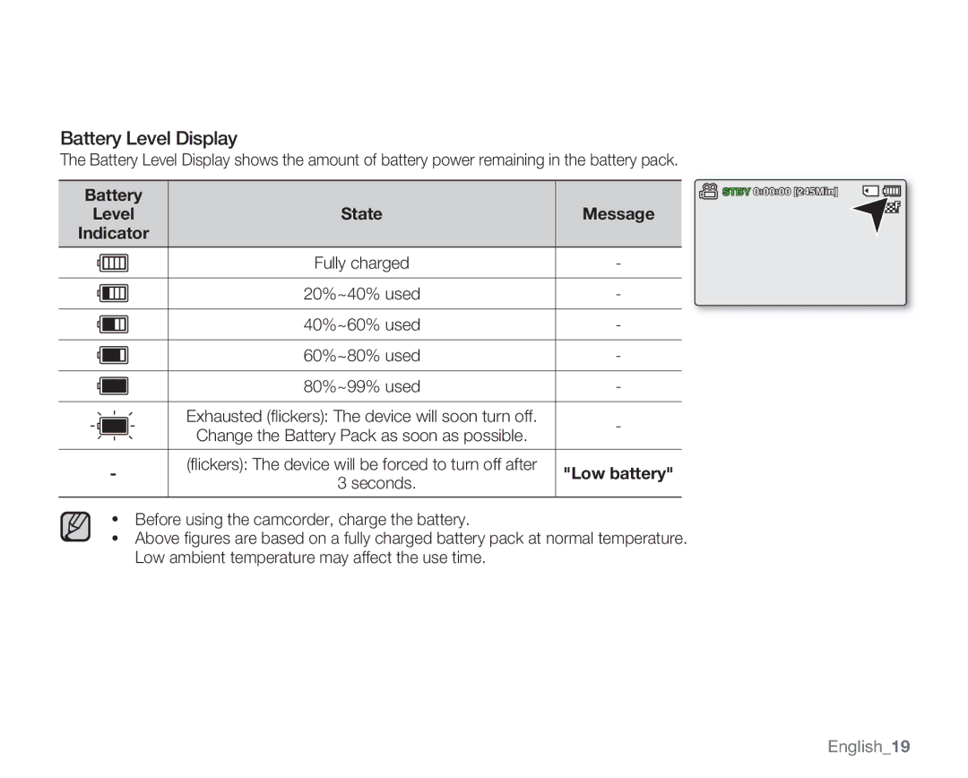 Samsung SMX-C14GN, SMX-C14RN, SMX-C13RN, SMX-C14LN, SMX-C13GN, SMX-C13LN, SMX-C10GN Battery Level Display, English19 