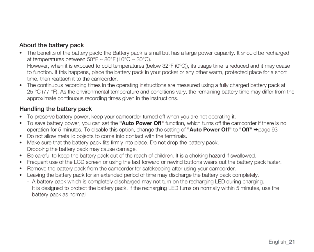 Samsung SMX-C13GN, SMX-C14GN, SMX-C14RN, SMX-C13RN, SMX-C14LN About the battery pack, Handling the battery pack, English21 