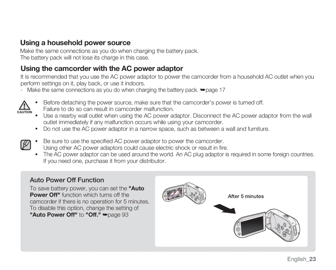 Samsung SMX-C14GN, SMX-C14RN, SMX-C13RN, SMX-C14LN, SMX-C13GN, SMX-C13LN, SMX-C10GN Auto Power Off Function, English23 