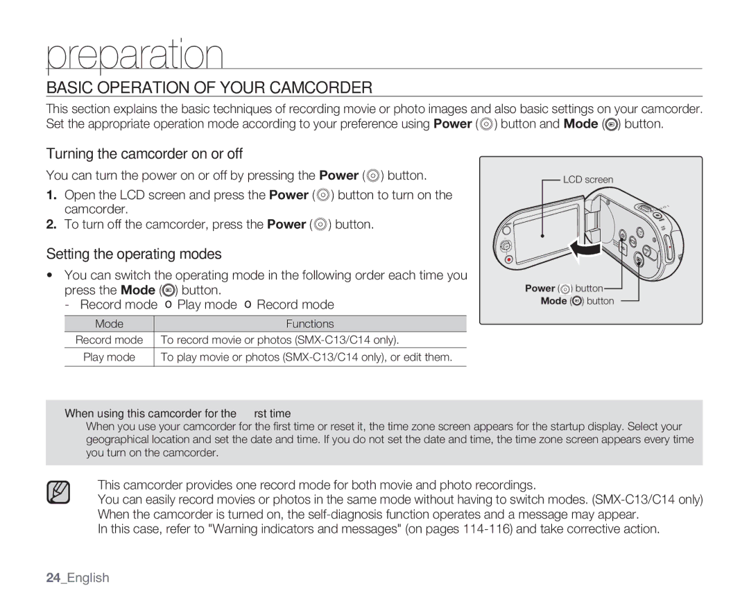 Samsung SMX-C10GN, SMX-C14 Basic Operation of Your Camcorder, Turning the camcorder on or off, Setting the operating modes 