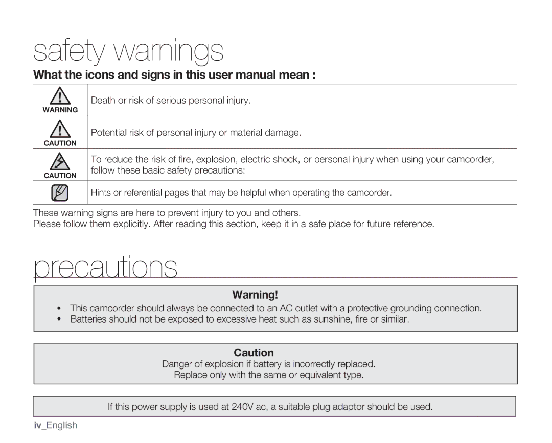 Samsung SMX-C14LN, SMX-C14GN, SMX-C14RN, SMX-C13RN, SMX-C13GN, SMX-C13LN, SMX-C10 Safety warnings, Precautions, IvEnglish 