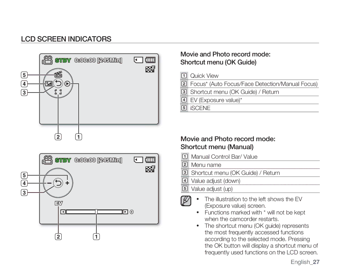 Samsung SMX-C14RN Movie and Photo record mode Shortcut menu OK Guide, Movie and Photo record mode Shortcut menu Manual 