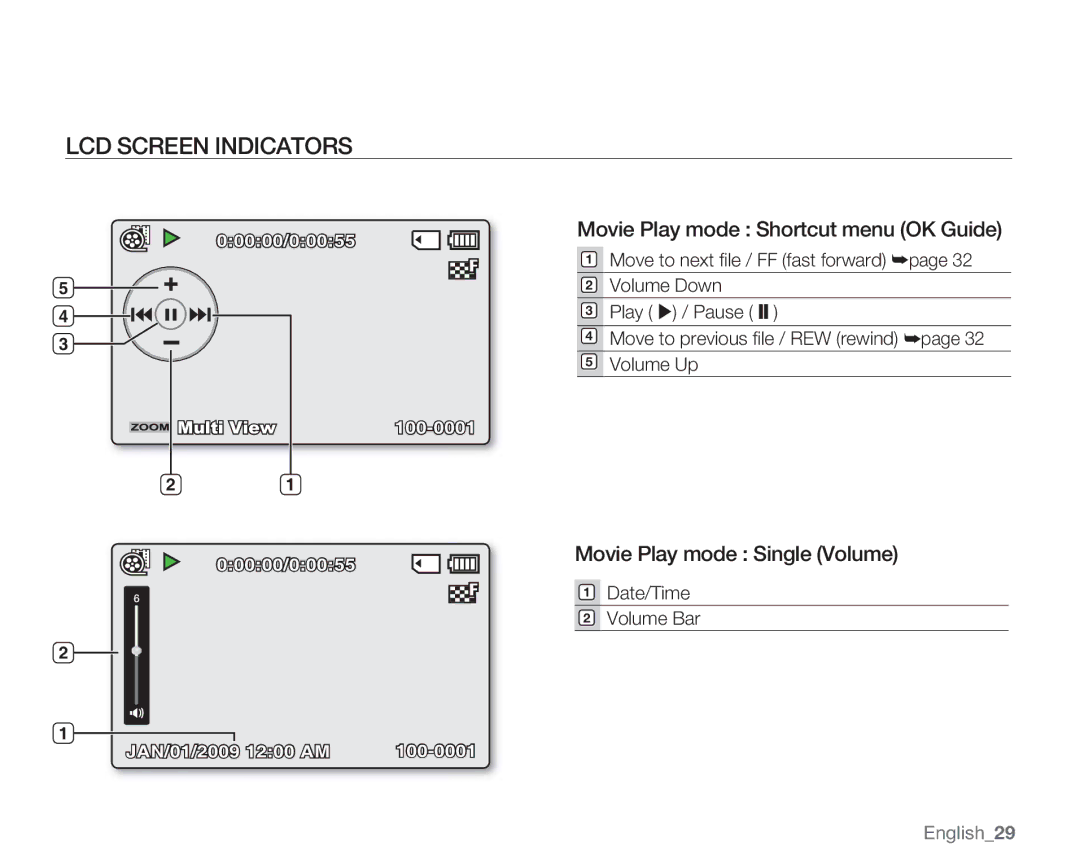 Samsung SMX-C14GN, SMX-C14RN, SMX-C13RN Movie Play mode Shortcut menu OK Guide, Movie Play mode Single Volume, English29 