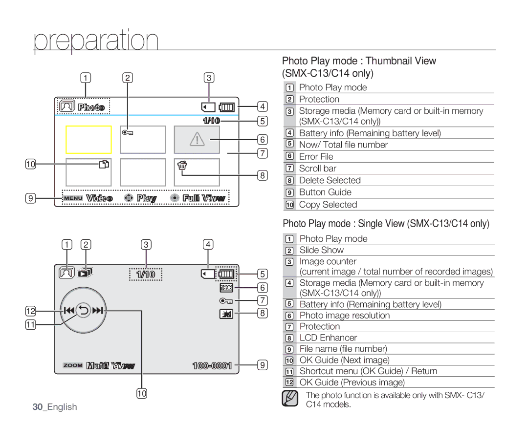 Samsung SMX-C14LN, SMX-C14GN Photo Play mode Thumbnail View SMX-C13/C14 only, Photo Play mode Single View SMX-C13/C14 only 
