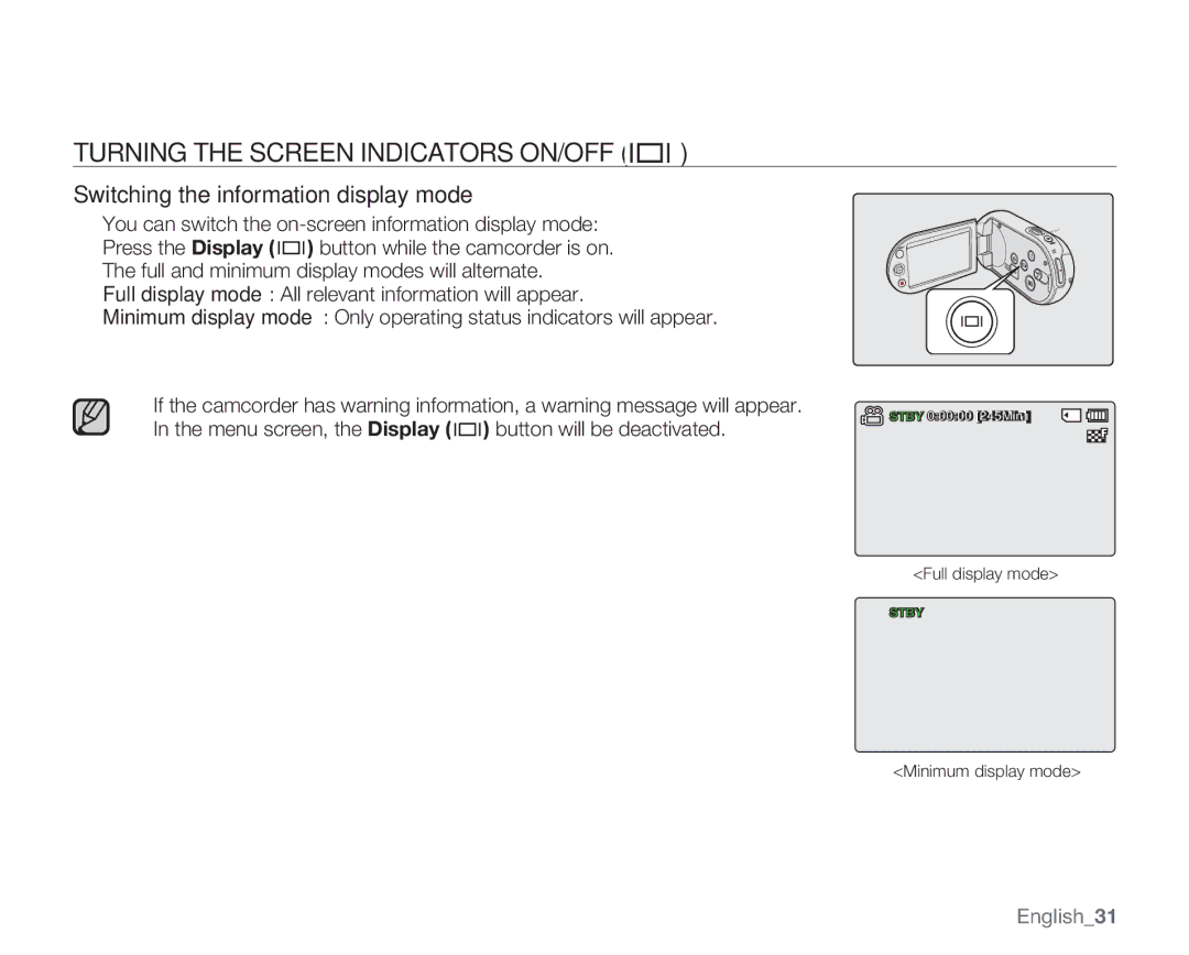 Samsung SMX-C13GN, SMX-C14GN Turning the Screen Indicators ON/OFF, Switching the information display mode, English31 