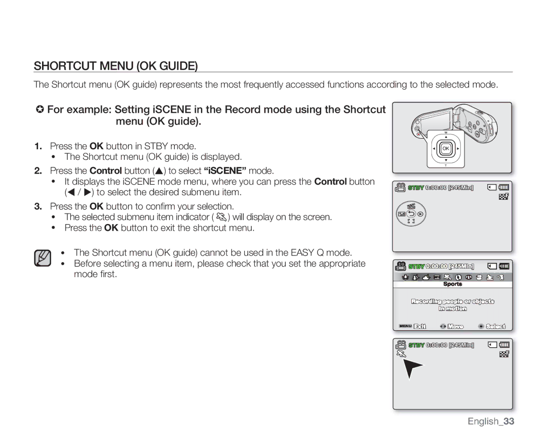 Samsung SMX-C14GN, SMX-C14RN, SMX-C13RN, SMX-C14LN, SMX-C13GN, SMX-C13LN, SMX-C10GN Shortcut Menu OK Guide, English33 