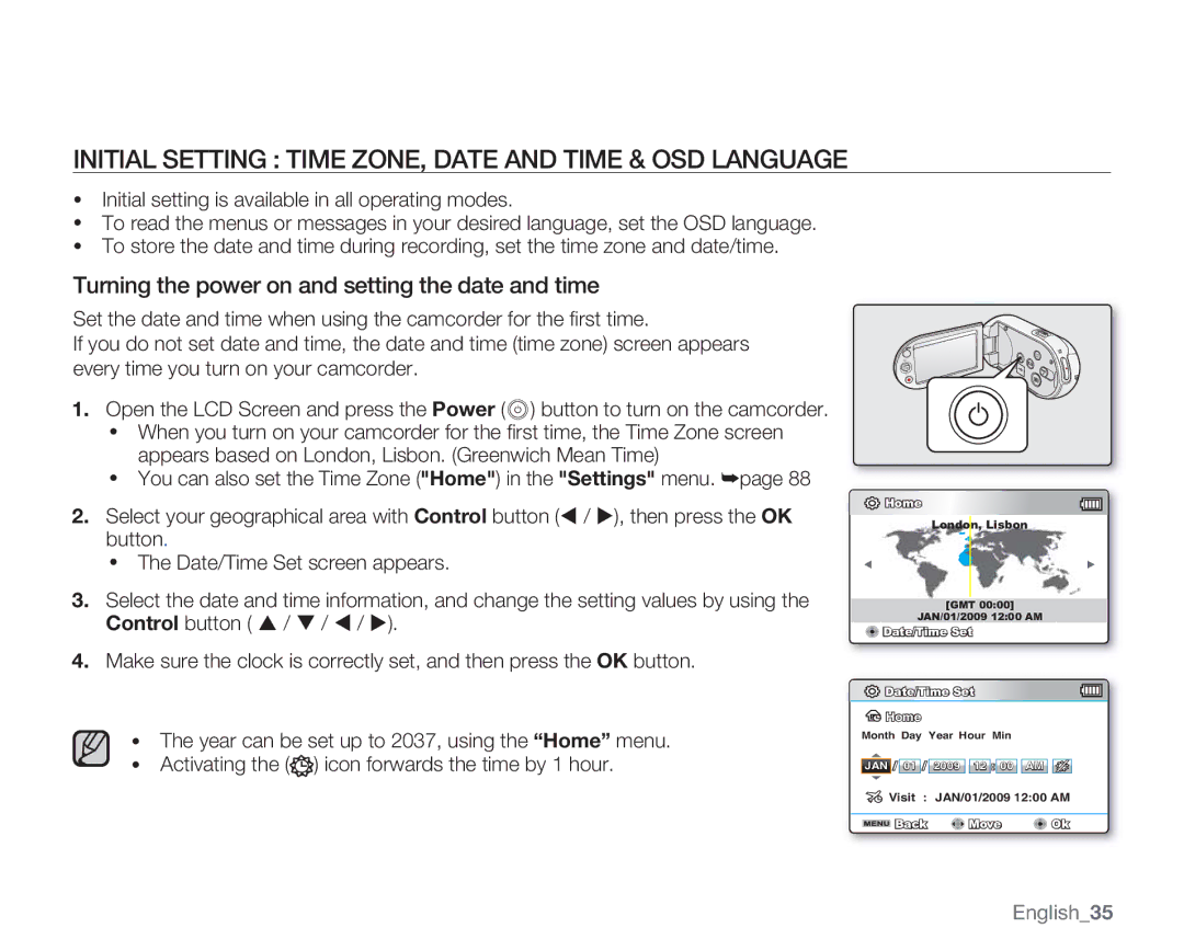 Samsung SMX-C14GN, SMX-C14RN, SMX-C13RN, SMX-C14LN Initial Setting Time ZONE, Date and Time & OSD Language, English35 