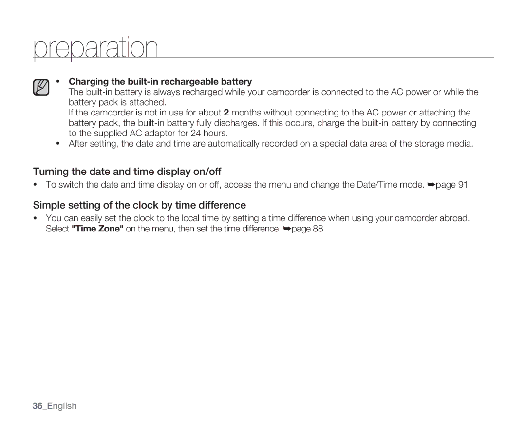 Samsung SMX-C14GN Turning the date and time display on/off, Simple setting of the clock by time difference, 36English 