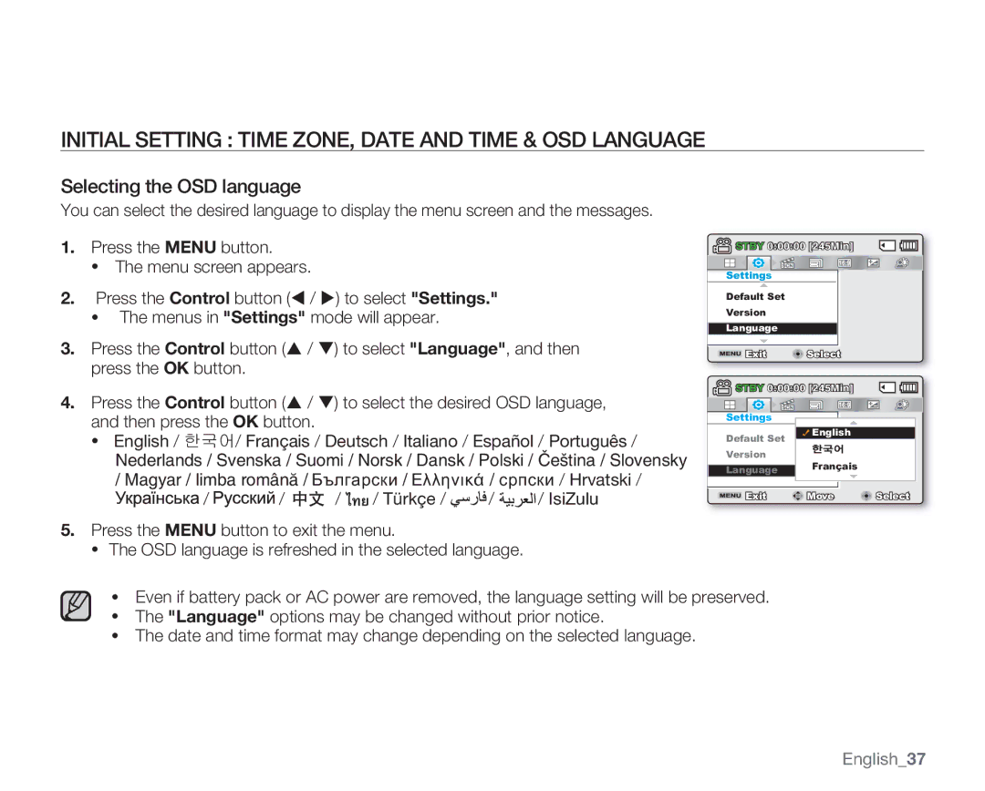 Samsung SMX-C14RN, SMX-C14GN, SMX-C13RN, SMX-C14LN, SMX-C13GN, SMX-C13LN, SMX-C10 Selecting the OSD language, English37 