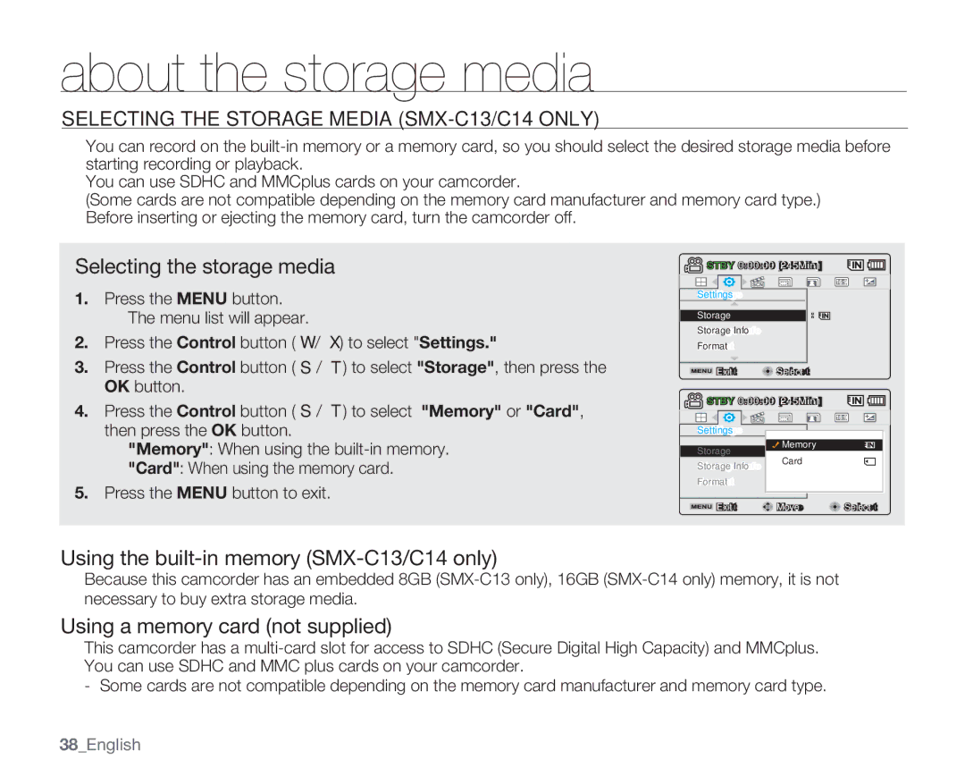 Samsung SMX-C13RN About the storage media, Selecting the Storage Media SMX-C13/C14 only, Selecting the storage media 