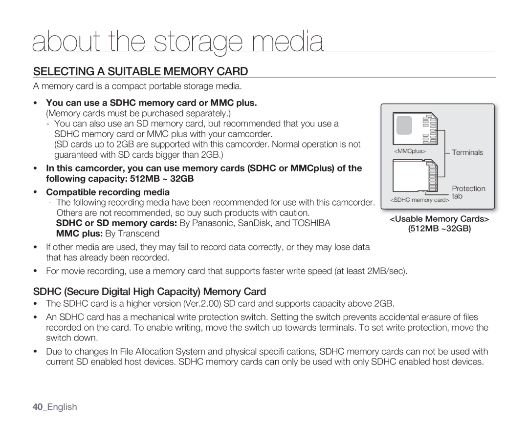 Samsung SMX-C14LN, SMX-C14GN Selecting a Suitable Memory Card, Sdhc Secure Digital High Capacity Memory Card, 40English 