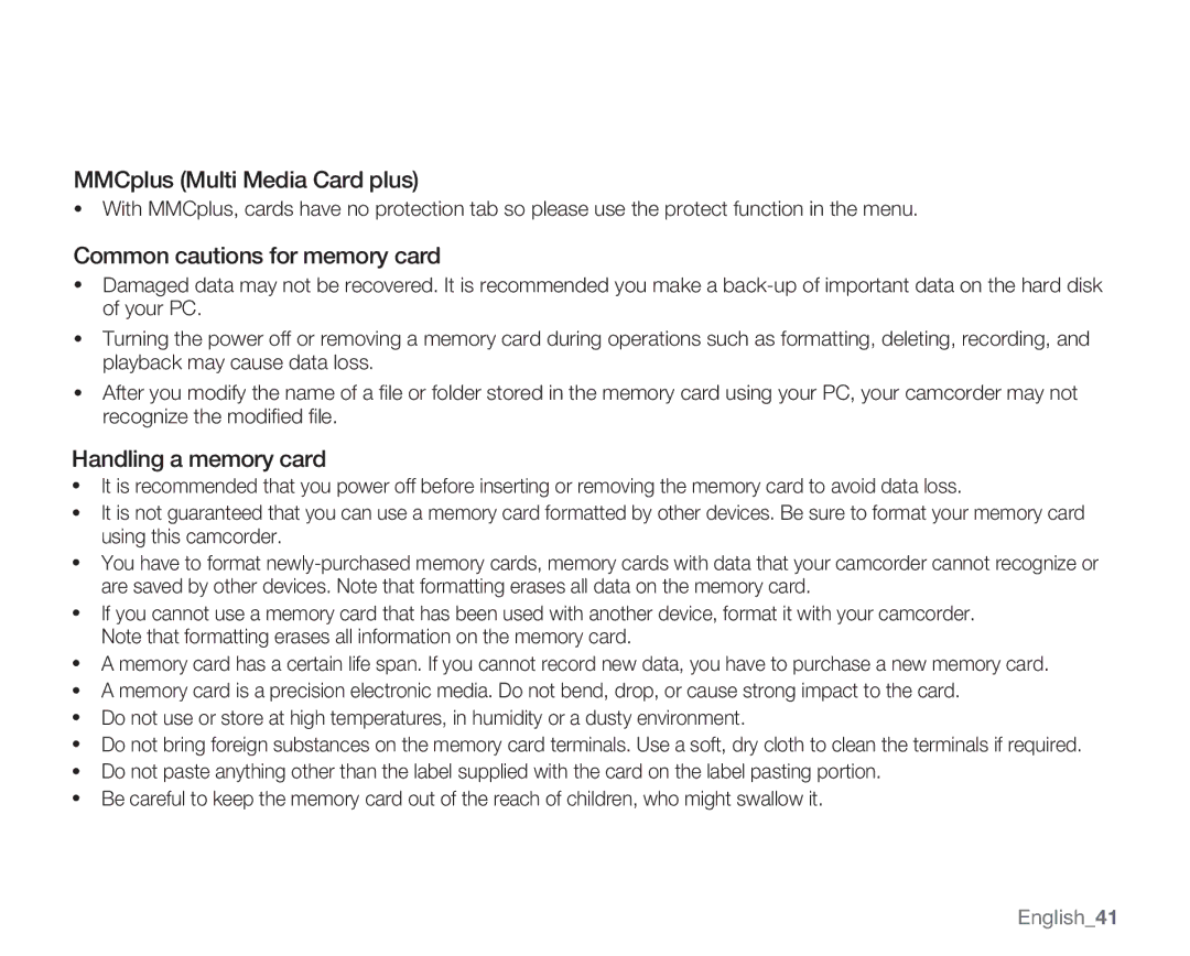 Samsung SMX-C13GN MMCplus Multi Media Card plus, Common cautions for memory card, Handling a memory card, English41 